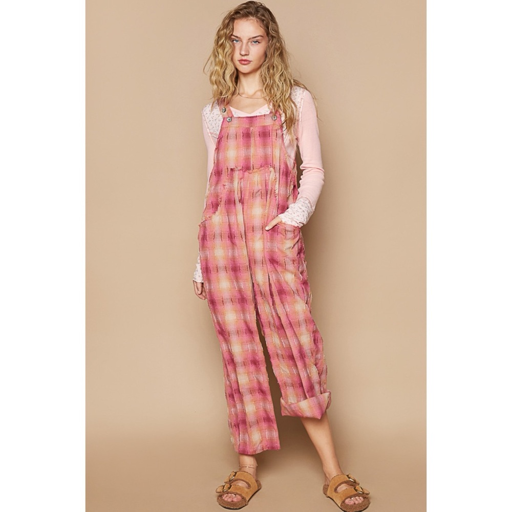 POL Red Pink Washed Cotton Plaid Overalls - Picture 4 of 7